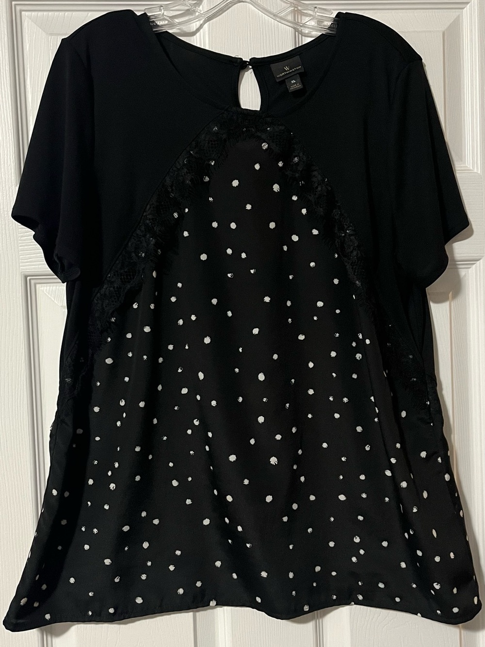 Worthington Black Blouse with White Polka Dot Panel